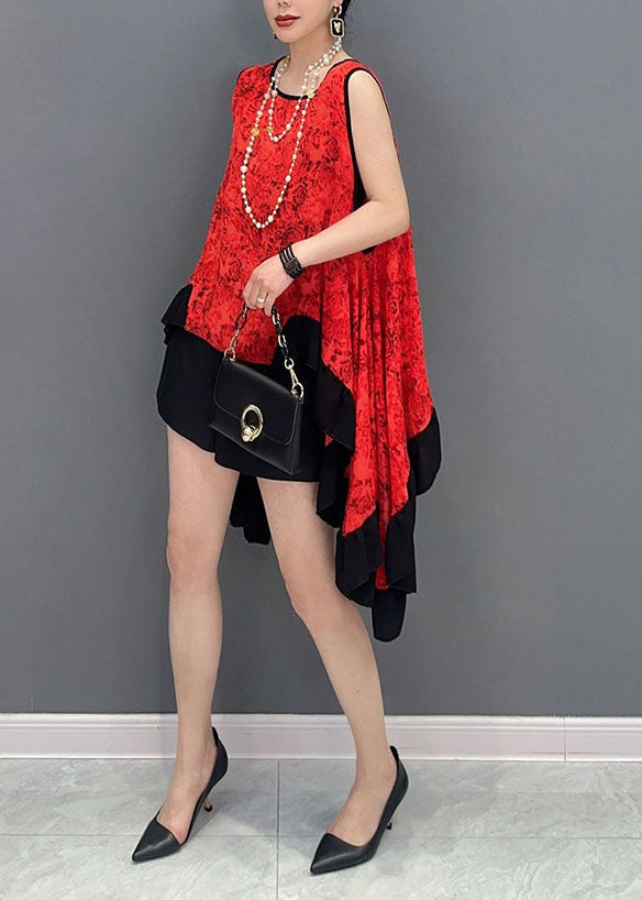 Unique Red Asymmetrical Exra Large Hem Lace Tops Sleeveless