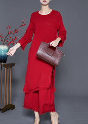 Unique Red Asymmetrical Side Open Knit Two Piece Suit Set Fall