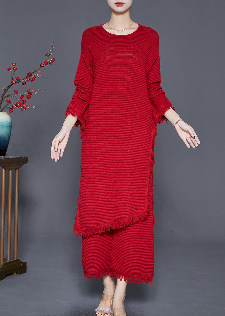 Unique Red Asymmetrical Side Open Knit Two Piece Suit Set Fall