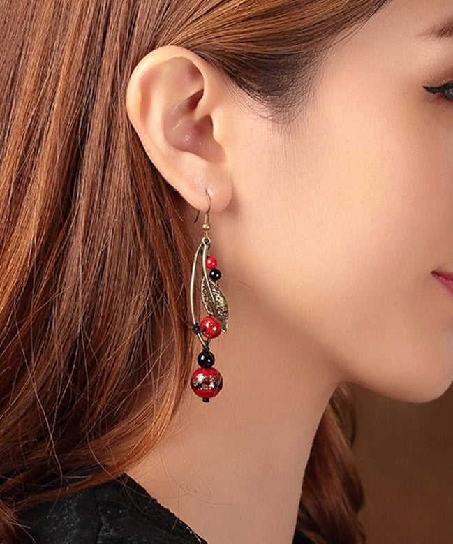 Unique Red Coloured Glaze Black Agate Gem Stone Leaf Drop Earrings