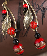 Unique Red Coloured Glaze Black Agate Gem Stone Leaf Drop Earrings