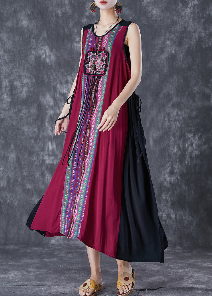 Unique Red Embroideried Patchwork Tasseled Linen Dress Sleeveless