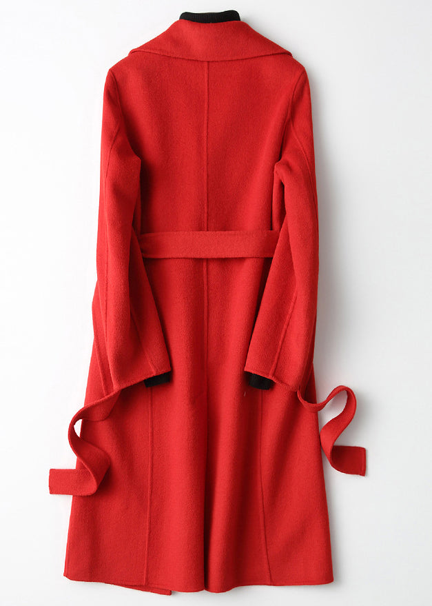 Unique Red Notched Tie Waist Woolen Maxi Coats Fall