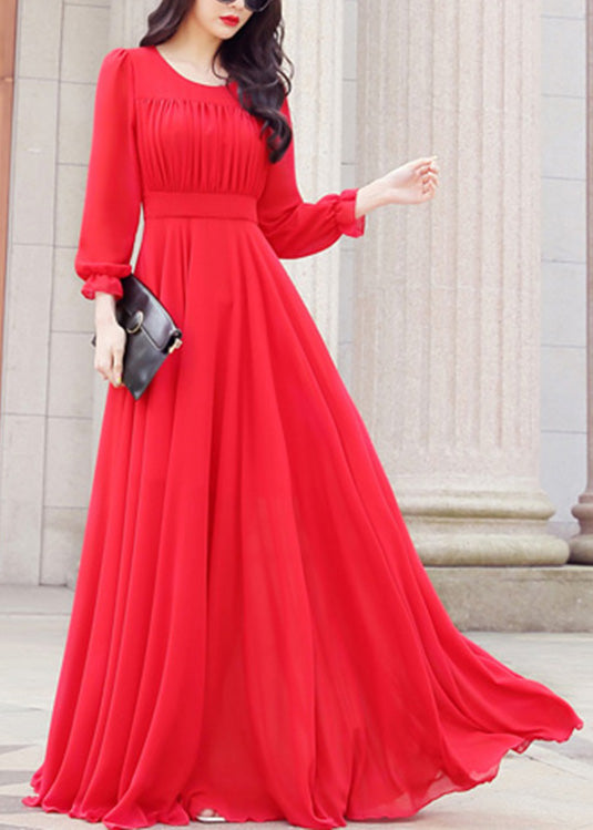 Unique Red O-Neck Slim Solid Chiffon Maxi Dress Spring