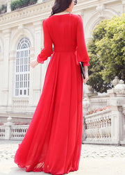 Unique Red O-Neck Slim Solid Chiffon Maxi Dress Spring