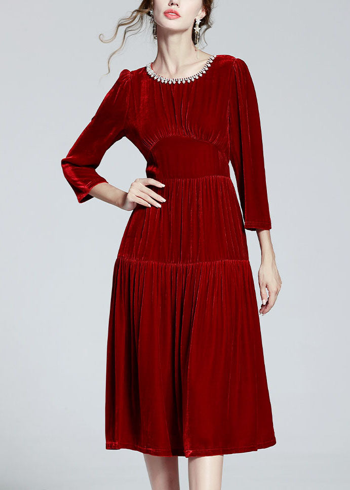 Unique Red O Neck Zircon Patchwork Silk Velour Dresses Spring