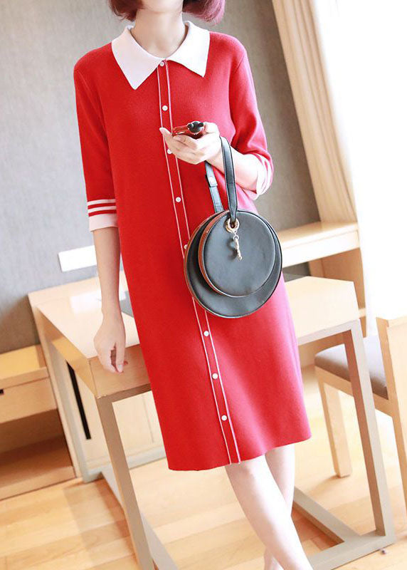 Unique Red Peter Pan Collar Button Knit Dresses Half Sleeve