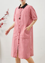 Unique Red Peter Pan Collar Plaid Linen Dresses Summer