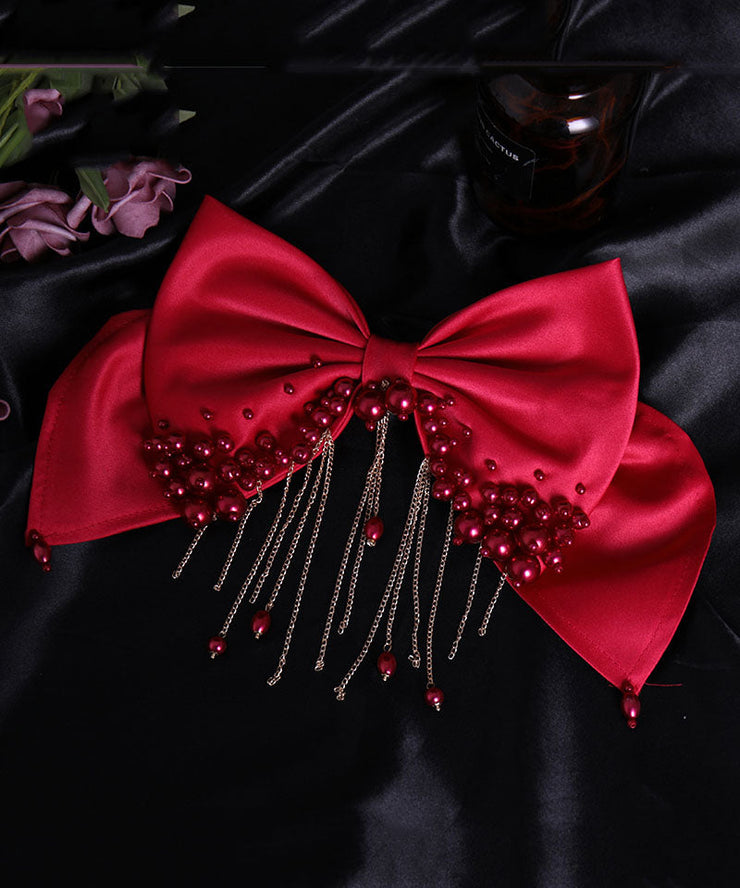 Unique Red Silk Cotton Pearl Bow Tassel Hairpin