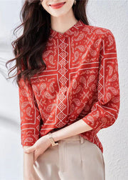 Unique Red Stand Collar Print Patchwork Silk Top Bracelet Sleeve