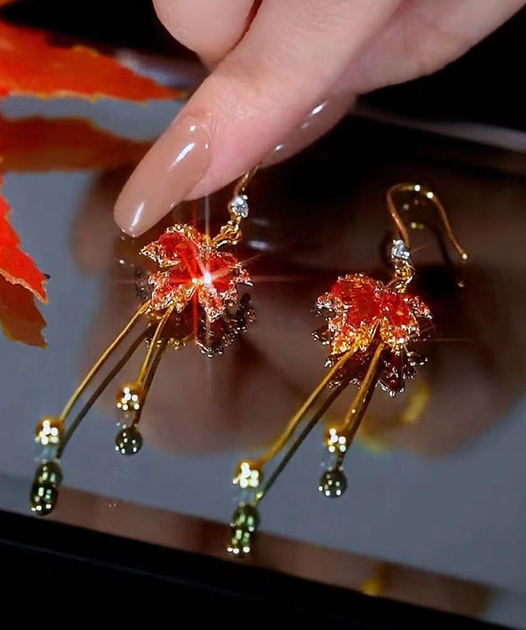 Unique Red Sterling Silver Overgild Zircon Maple leaves Tassel Drop Earrings