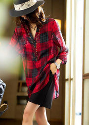 Unique Red V Neck Plaid Patchwork Chiffon Shirt Tops Spring