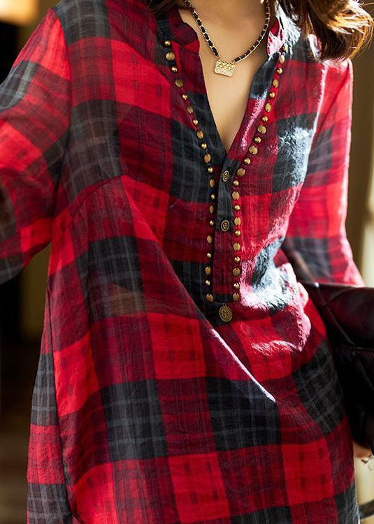 Unique Red V Neck Plaid Patchwork Chiffon Shirt Tops Spring