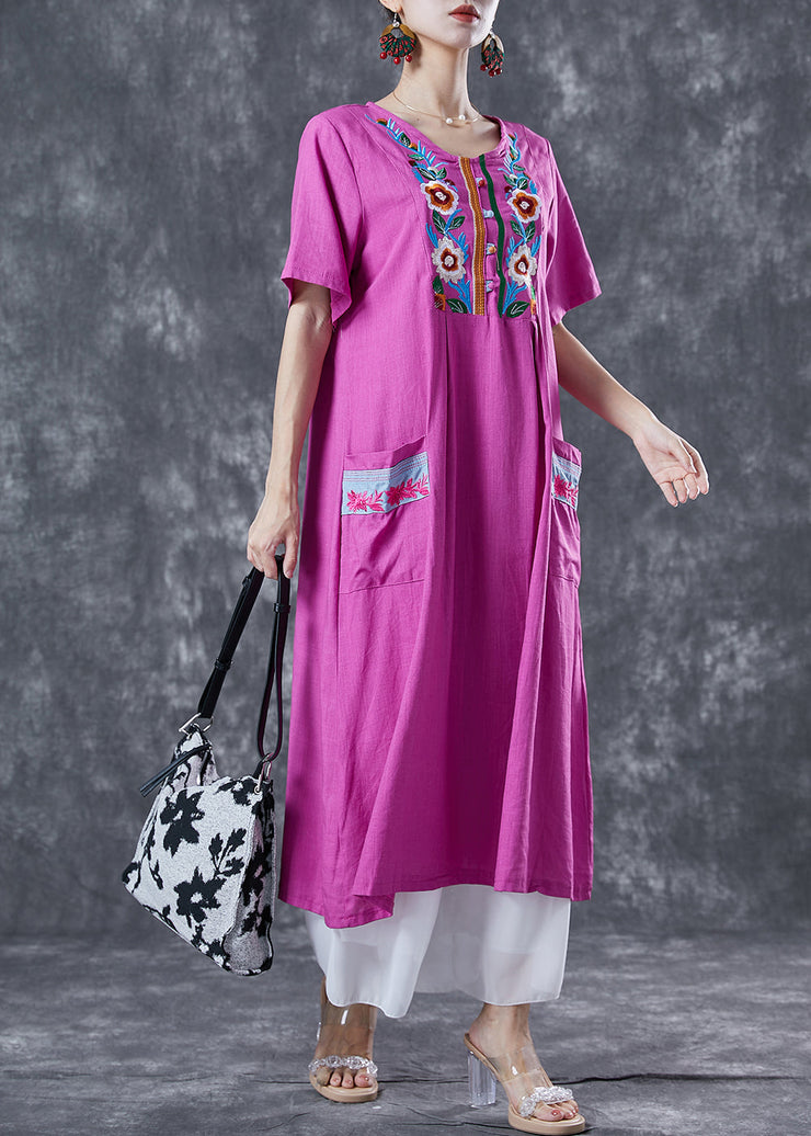 Unique Rose Embroideried Pockets Linen Holiday Dress Summer