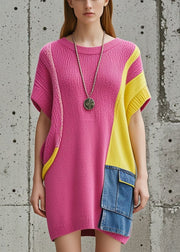 Unique Rose Oversized Patchwork Denim Knitwear Dress Short Sleeve