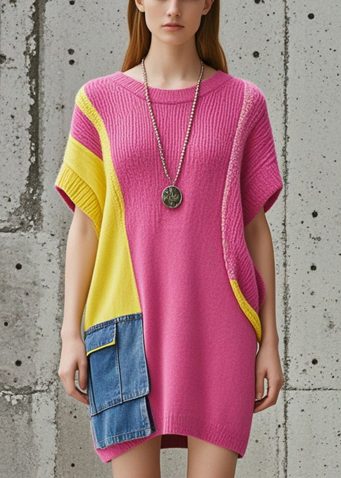 Unique Rose Oversized Patchwork Denim Knitwear Dress Short Sleeve