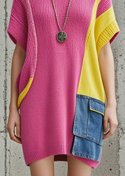 Unique Rose Oversized Patchwork Denim Knitwear Dress Short Sleeve