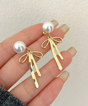 Unique Silk Sterling Silver Metal Pearl Bow Drop Earrings