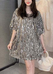 Unique Silver O Neck Sequins Patchwork Cotton T Shirt Summer