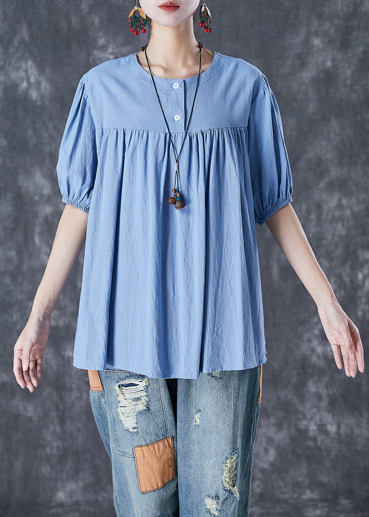 Unique Sky Blue Oversized Patchwork Linen Top Summer