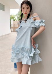 Unique Sky Blue Ruffled Jacquard Patchwork Cotton Holiday Dress Summer