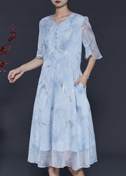 Unique Sky Blue Sequins Wrinkled Jacquard Chiffon Dress Summer