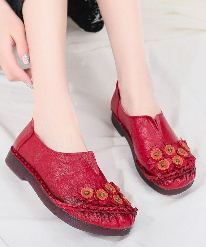 Unique Splicing Flat Shoes For Women Red Floral Cowhide Leather