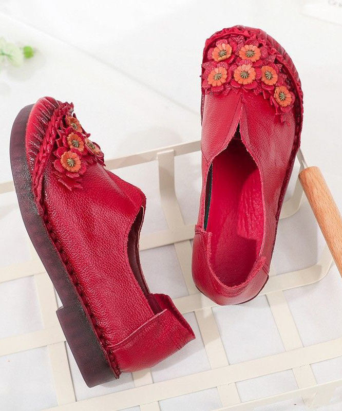 Unique Splicing Flat Shoes For Women Red Floral Cowhide Leather