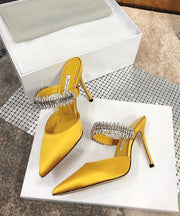 Unique Splicing Zircon Stiletto Yellow Satin Slide Sandals