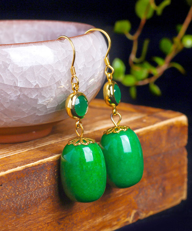 Unique Sterling Silver Overgild Dry Green Jade Drop Earrings