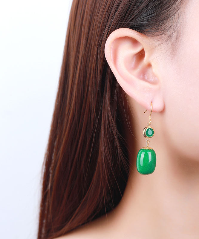 Unique Sterling Silver Overgild Dry Green Jade Drop Earrings