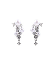 Unique Sterling Silver Pearl Zircon Geometry Tassel Drop Earrings