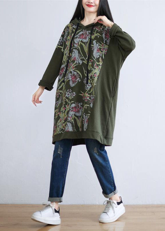 Unique Tea Green Hooded Print Cotton Shift Dress Spring