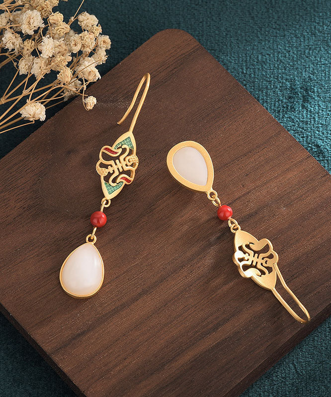 Unique White Ancient Gold Inlaid Jade Enamel Dropwise Glaze Drop Earrings