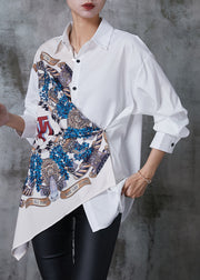 Unique White Asymmetrical Print Chiffon Shirts Summer