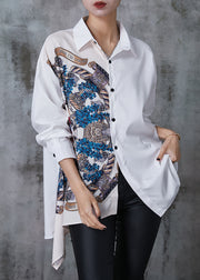 Unique White Asymmetrical Print Chiffon Shirts Summer