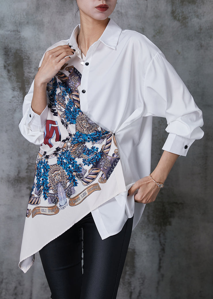 Unique White Asymmetrical Print Chiffon Shirts Summer