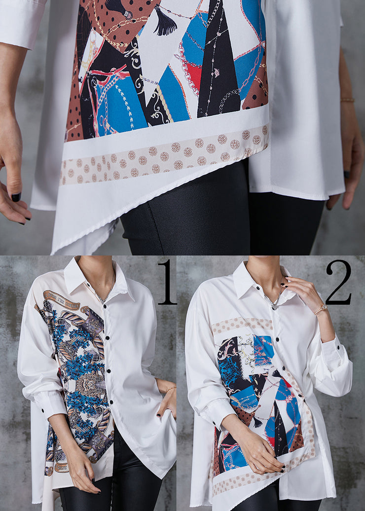 Unique White Asymmetrical Print Chiffon Shirts Summer