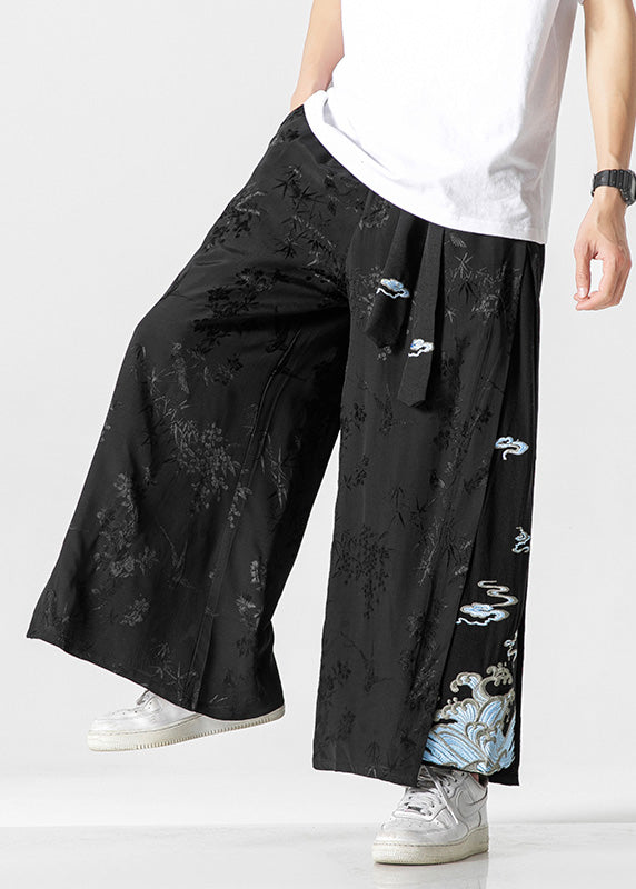 Unique White Oriental Embroideried Pockets Silk Mens Pants Summer