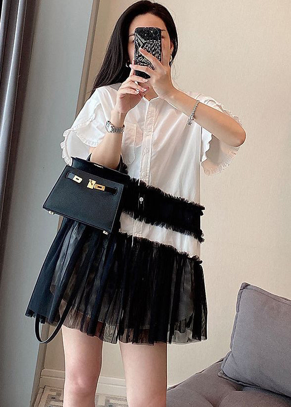 Unique White Oversized Patchwork Cotton Mini Dresses Summer