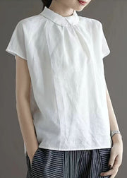 Unique White Peter Pan Collar Button Patchwork Linen Top Summer