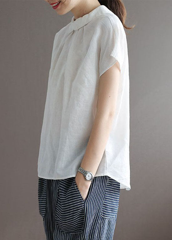 Unique White Peter Pan Collar Button Patchwork Linen Top Summer