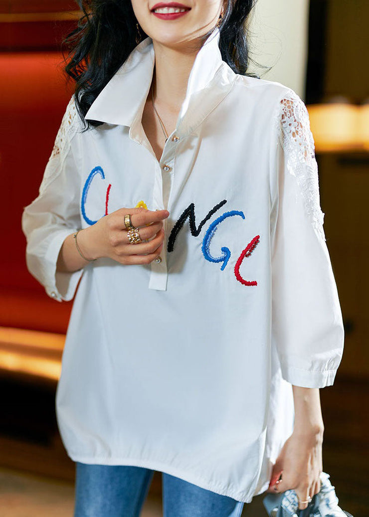 Unique White Peter Pan Collar Embroideried Patchwork Cotton Shirts Bracelet Sleeve