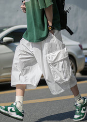 Unique White Pockets Patchwork Elastic Waist Men Wide Leg Pants