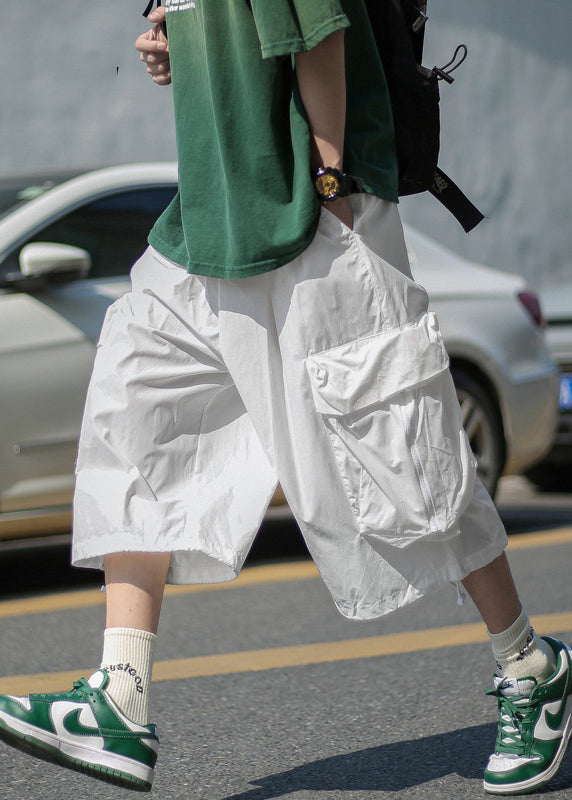 Unique White Pockets Patchwork Elastic Waist Men Wide Leg Pants