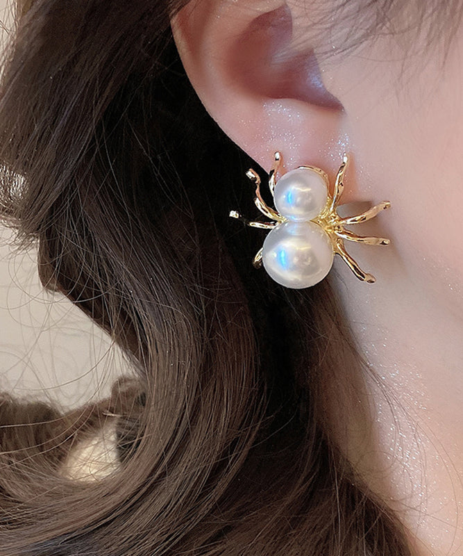 Unique White Sterling Silver Alloy Pearl Spider Stud Earrings