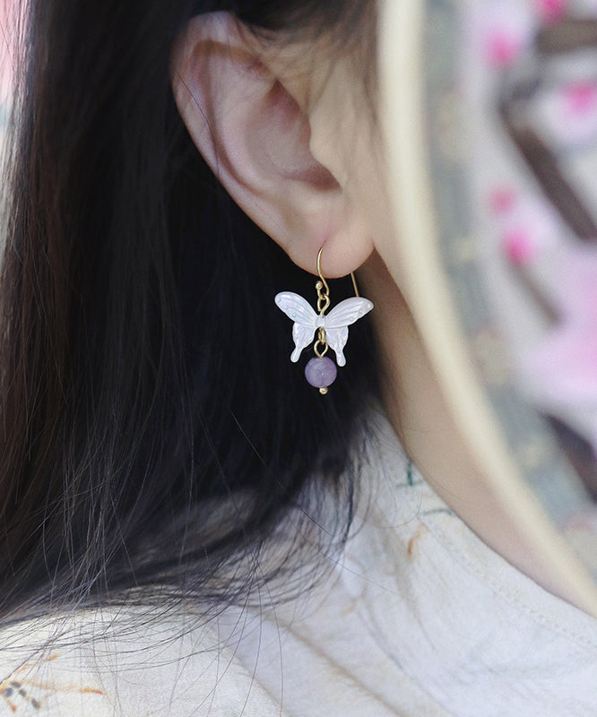 Unique White Sterling Silver Overgild Gem Stone Butterfly Drop Earrings