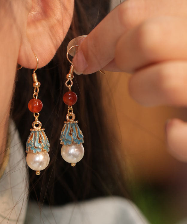 Unique White Sterling Silver Overgild Gem Stone Pearl Drop Earrings