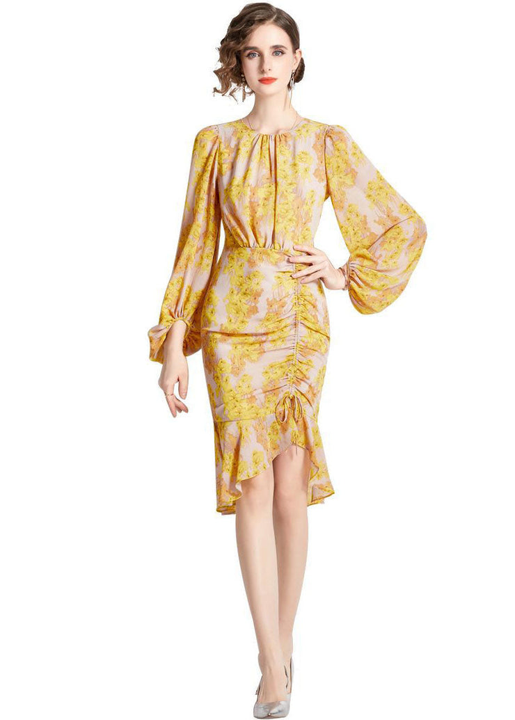 Unique Yellow Cinched Print Chiffon Fishtail Dresses Lantern Sleeve