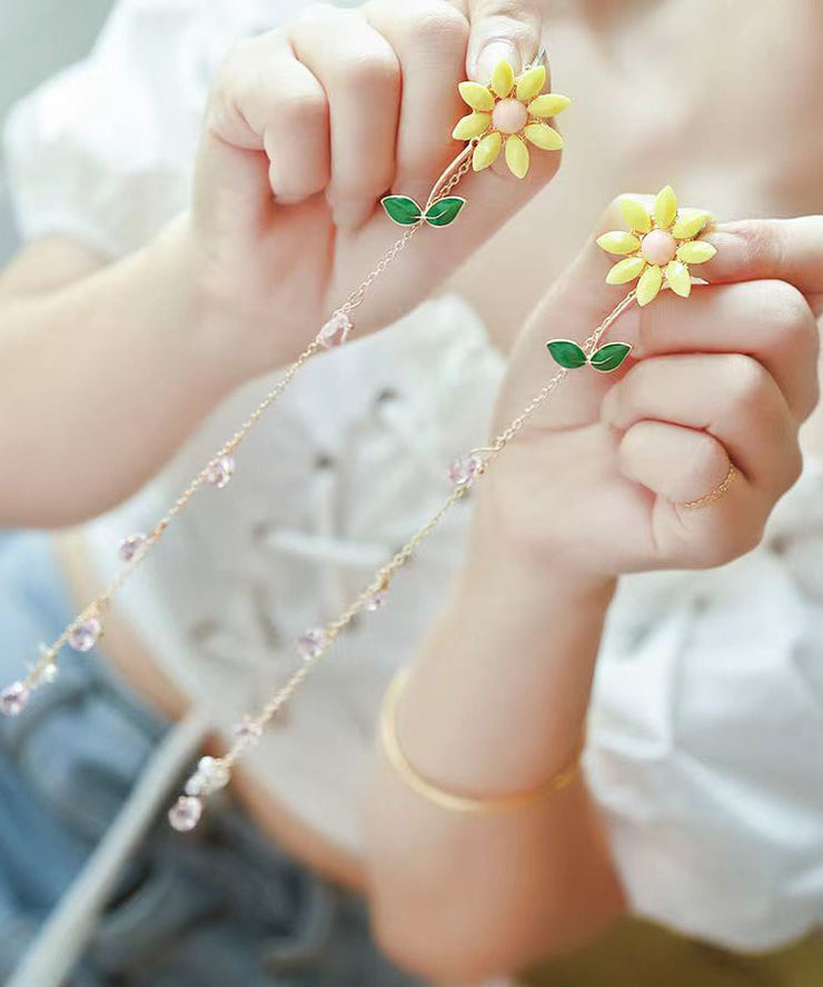 Unique Yellow Crystal Floral Tassel Drop Earrings